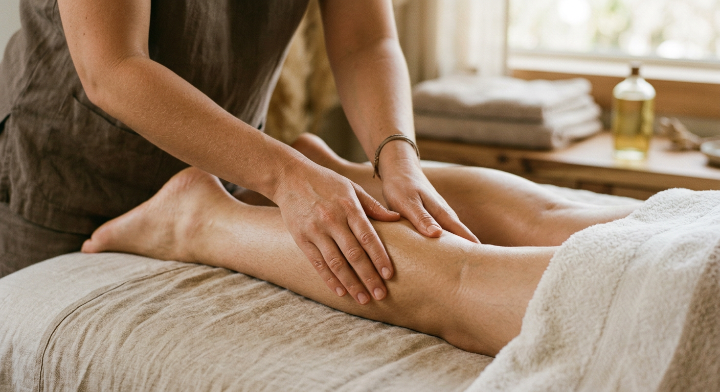 Mains de la praticienne réalisant un drainage lymphatique sur la jambe